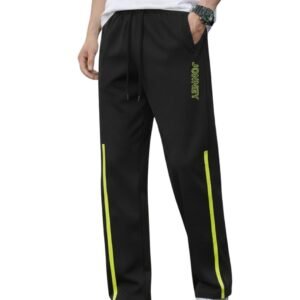 Men’s Black Track Pants with Neon Yellow Side Stripe | Regular Fit Gym & Sports Lower | Activewear Training Joggers with Drawstring-M7983