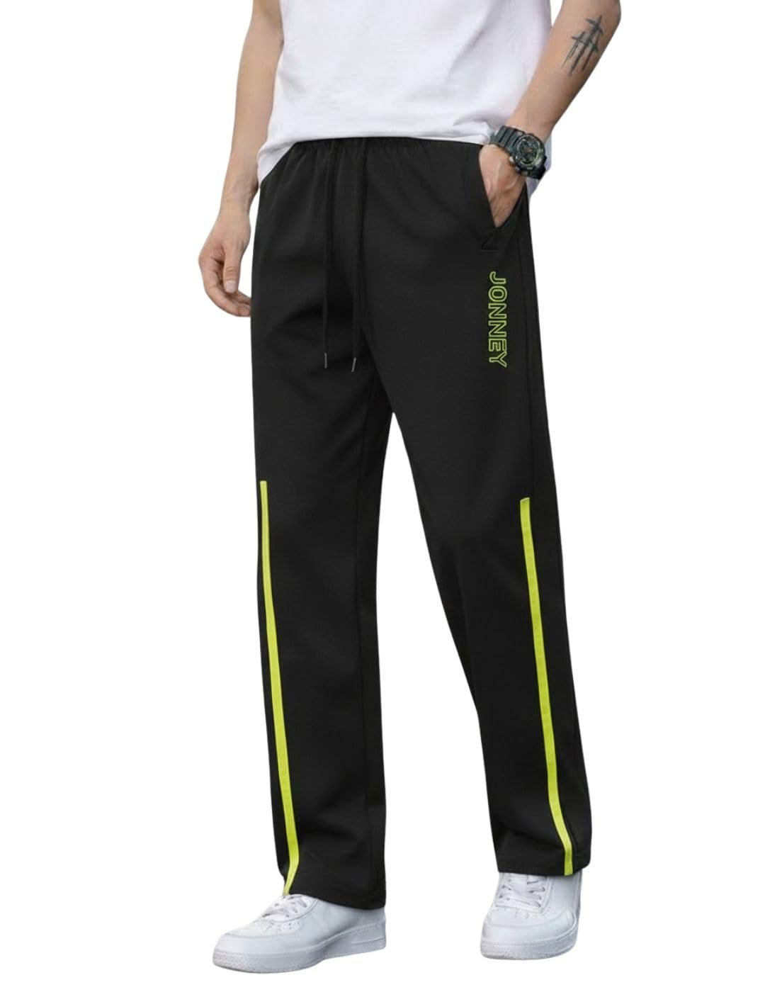 Men’s Black Track Pants with Neon Yellow Side Stripe | Regular Fit Gym & Sports Lower | Activewear Training Joggers with Drawstring-M7983