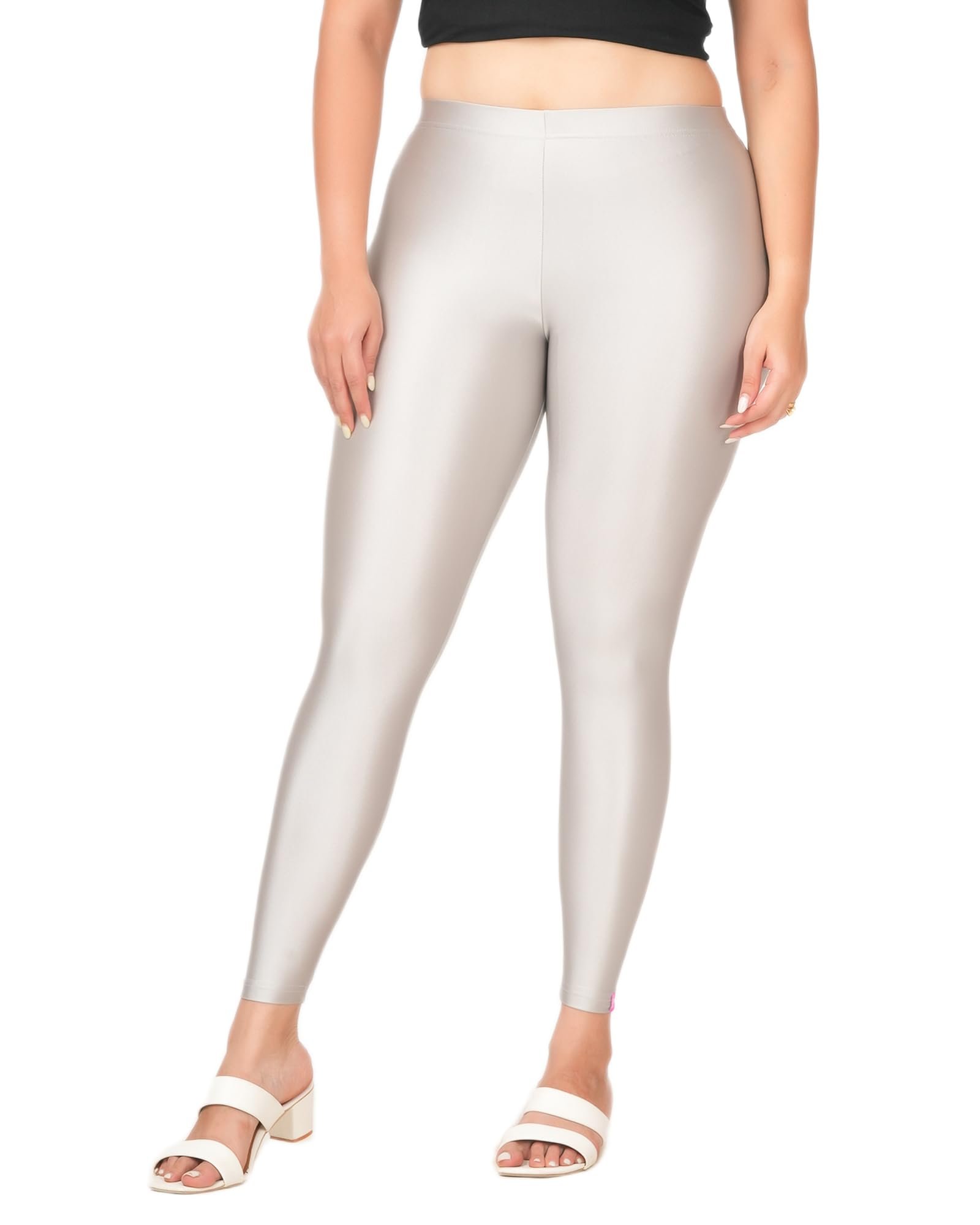 Loveit Ankle Length Shimmer Leggings for Women (Silver; S)