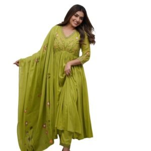 Bansidhar Trader Women's Cotton Embroidered Long Anarkali Kurti with Pant and Dupatta Set (Apple Green)