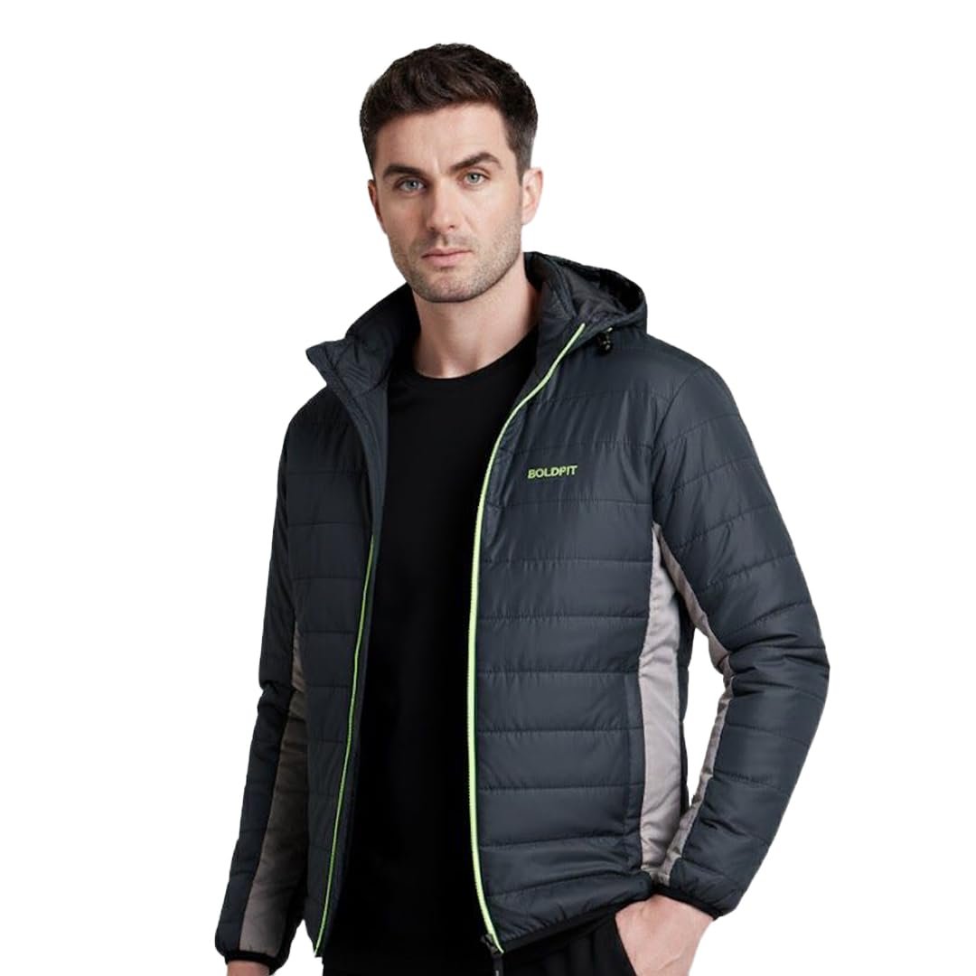 Men's Quilted Polyester Standard Length Jacket Monsoon Winter Wear Hooded Winter Padded Bomber Full Sleeve Jacket Black Charcoal Large