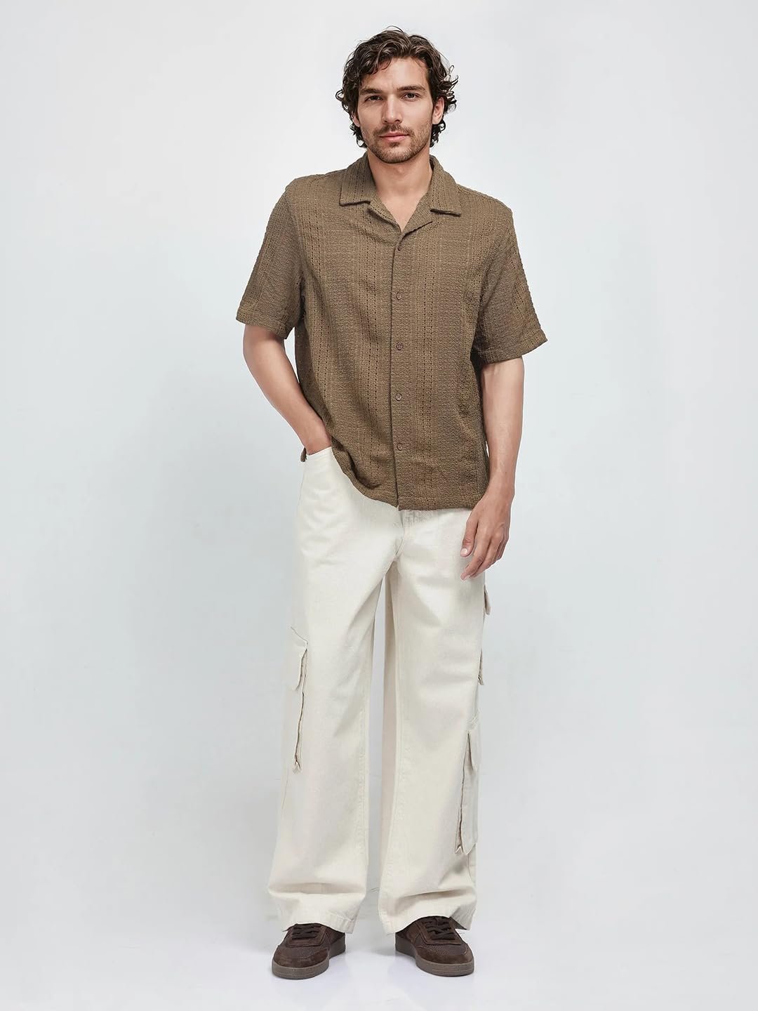 Men's Regular Fit Short Sleeve Jacquard Shirt Brown - Image 2