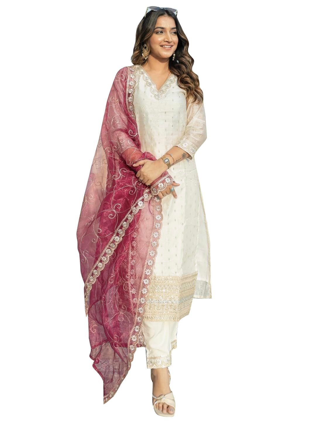 Women's Chanderi Silk Embroidered Kurta with Pant & Organza Dupatta Set | Casual Outfit Ethnic Kurta Set for Women | Modern & Traditional Blend Ethnic Wear (White_Small)