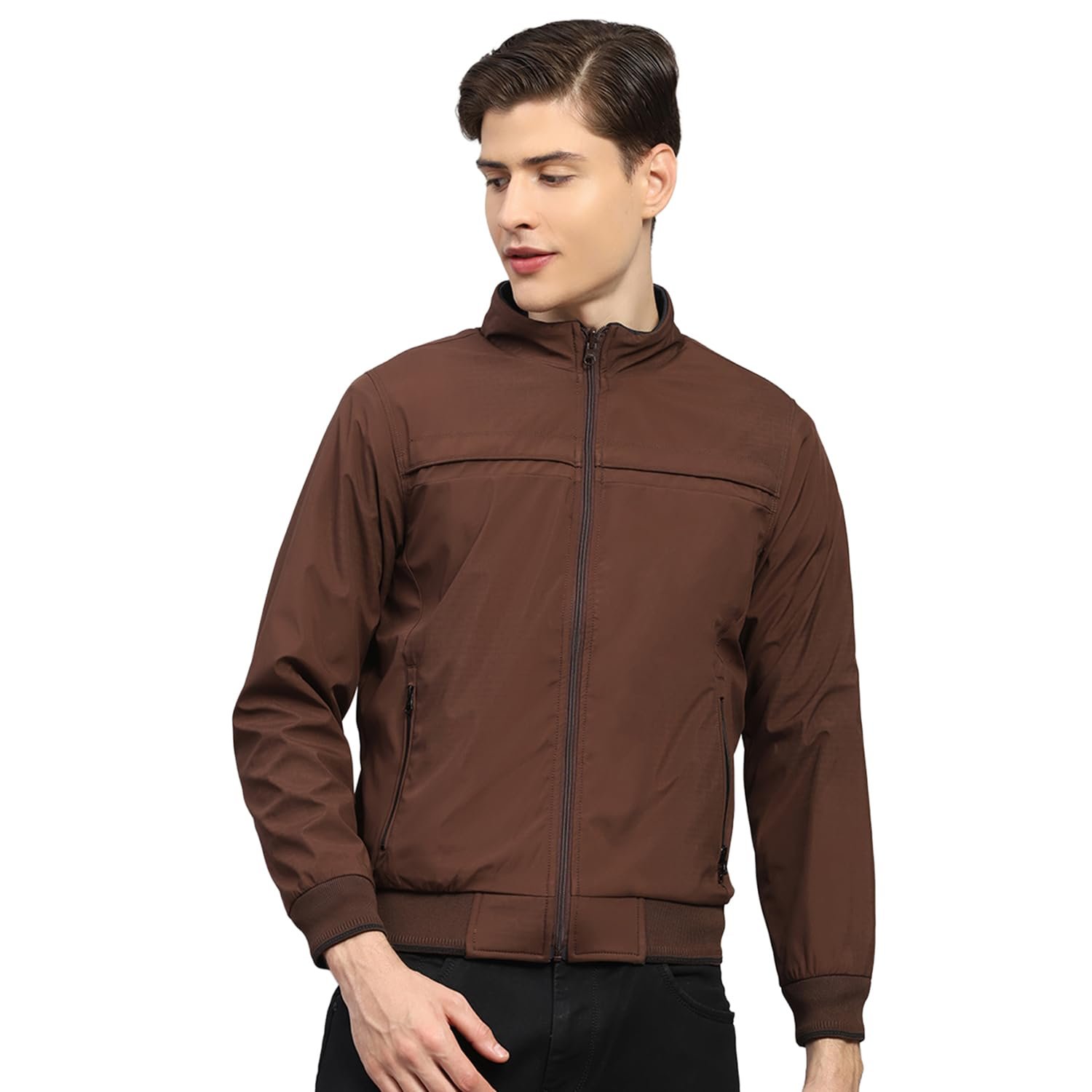 Mens Regular Fit Solid Collar Neck Zipper Reversible Full Sleeves Winter Jacket| Warm Coat for Men | Stylish Zipper Jacket Coffee Brown M