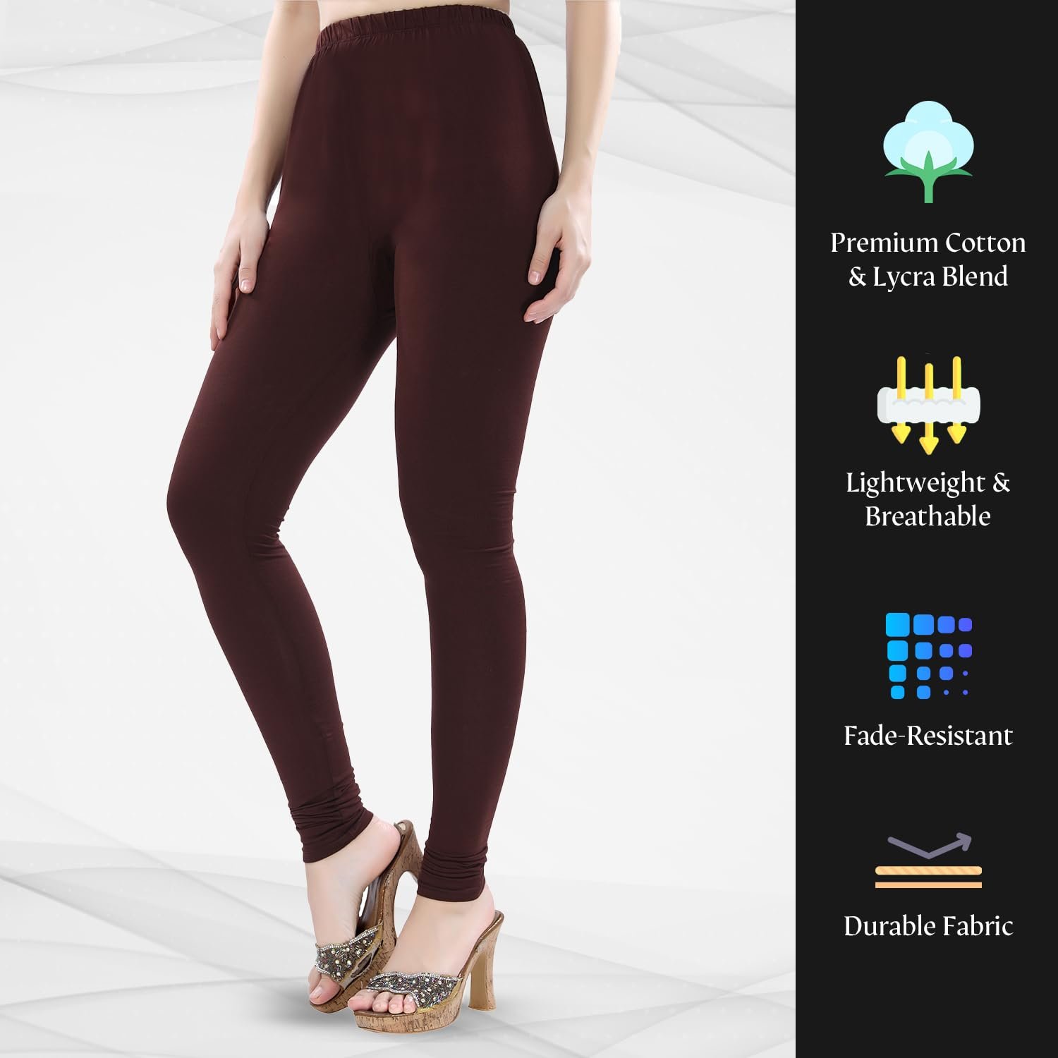 Women's Ultra Soft Cotton 4 Way Stretchable Churidar Solid Regular and Plus 20 Colours Leggings s and Girls -Size :-3XL, Colour - Brown, High Rise - Image 4