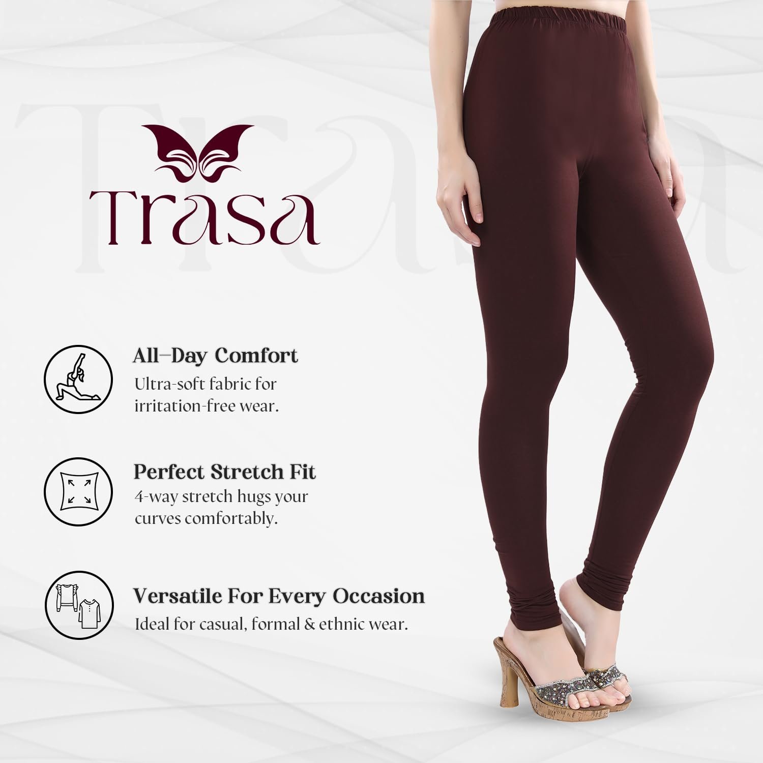 Women's Ultra Soft Cotton 4 Way Stretchable Churidar Solid Regular and Plus 20 Colours Leggings s and Girls -Size :-3XL, Colour - Brown, High Rise - Image 2