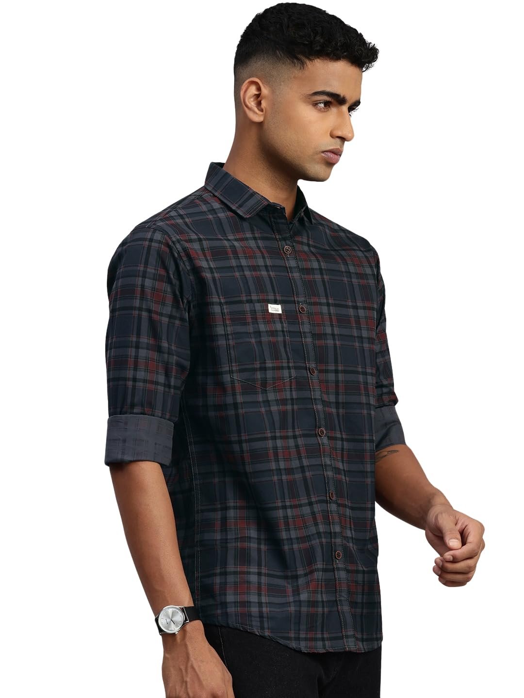 Comfort Slim Fit Opaque Checked Pure Cotton Casual Shirt (Dark Grey, X-Large)