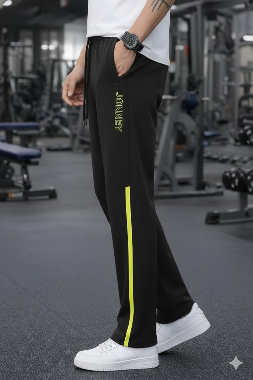 Men’s Black Track Pants with Neon Yellow Side Stripe | Regular Fit Gym & Sports Lower | Activewear Training Joggers with Drawstring-M7983 - Image 3