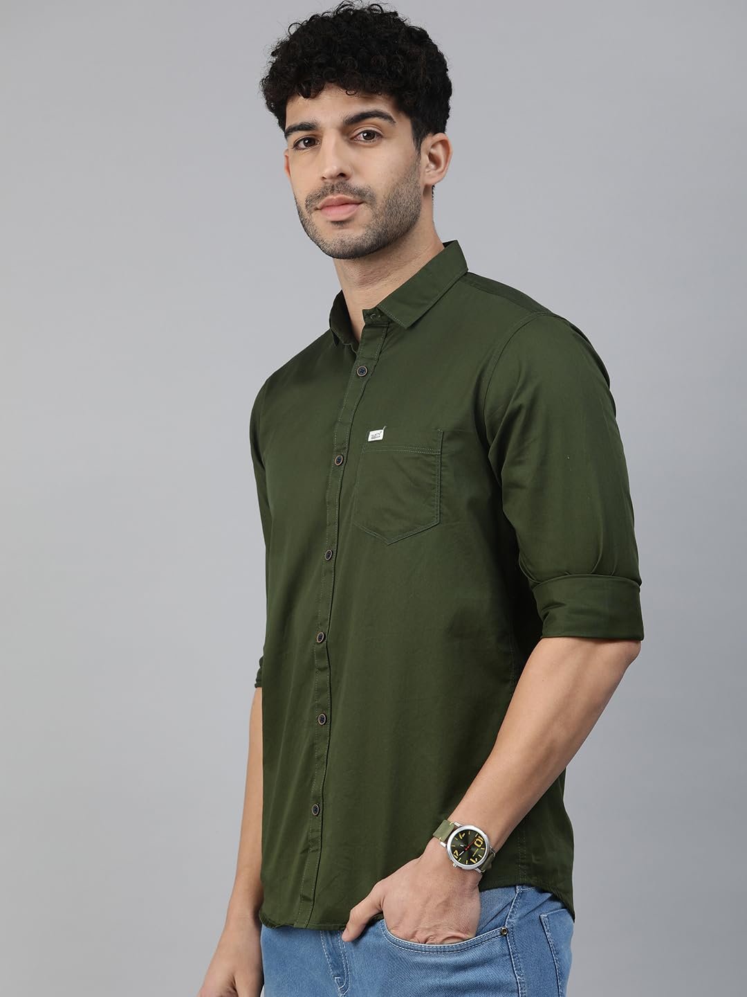 Classic Slim Fit Pure Cotton Casual Shirt (Medium, Olive, Men) - Image 2