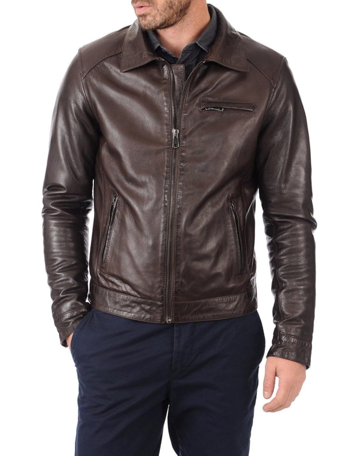 Premium Leather Motorcycle Jacket, Dark Brown, Classic Collar, Zip Front (IN, Alpha, DARK BROWN)