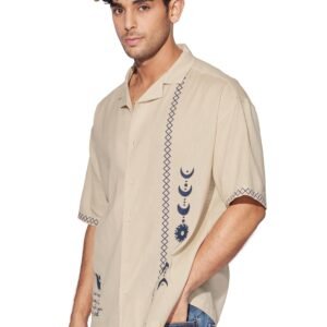 Bloom: Believe Men and Boys Short Sleeves Collared Neck Button Front Beige Embroidered Regular Fit Cotton Shirts