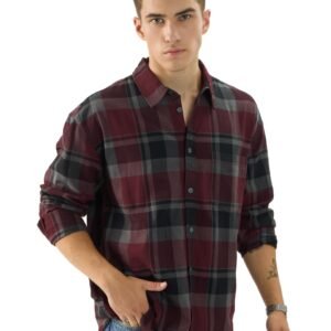 Plaid: Red/Grey Long Sleeve Collared Neck Button Down Cotton Relaxed Fit Shirts for Men and Boys - Classic and Comfortable Everyday Wear