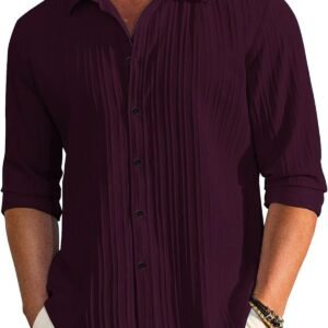 Men's Casual Button Down Shirts Long Sleeve Linen Shirt Fashion Textured Beach Summer Shirt (in, Alpha, Regular, Wine)