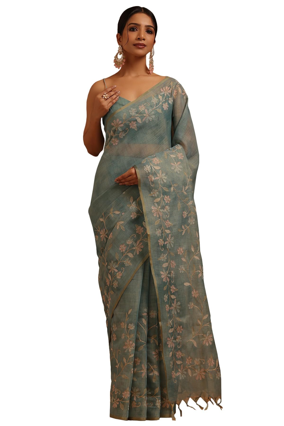 Womens Light Teal Linen Floral Printed Saree With Zari