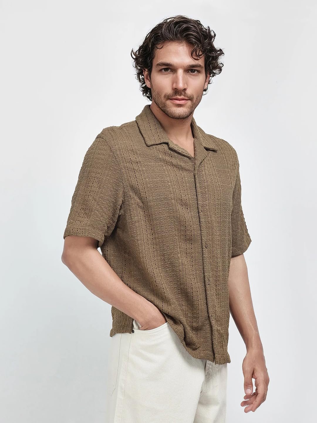 Men's Regular Fit Short Sleeve Jacquard Shirt Brown - Image 7