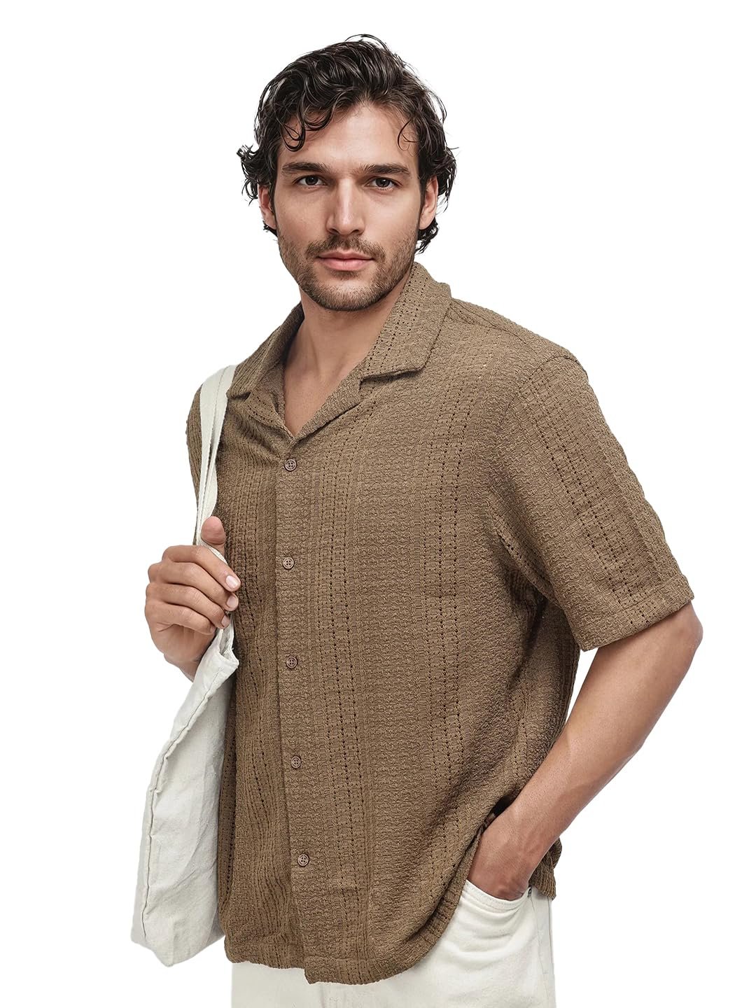 Men's Regular Fit Short Sleeve Jacquard Shirt Brown