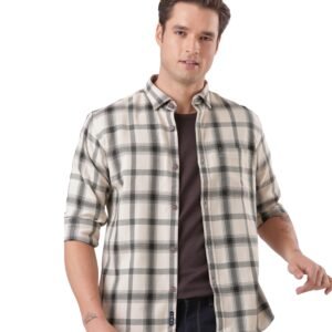 Men's Casual Checks Shirts, Odor Control, Moisture Wicking, Button Down Collar, Cool Tech Cotton Fabric, Tailored Fit, Full Sleeve Off White Grey