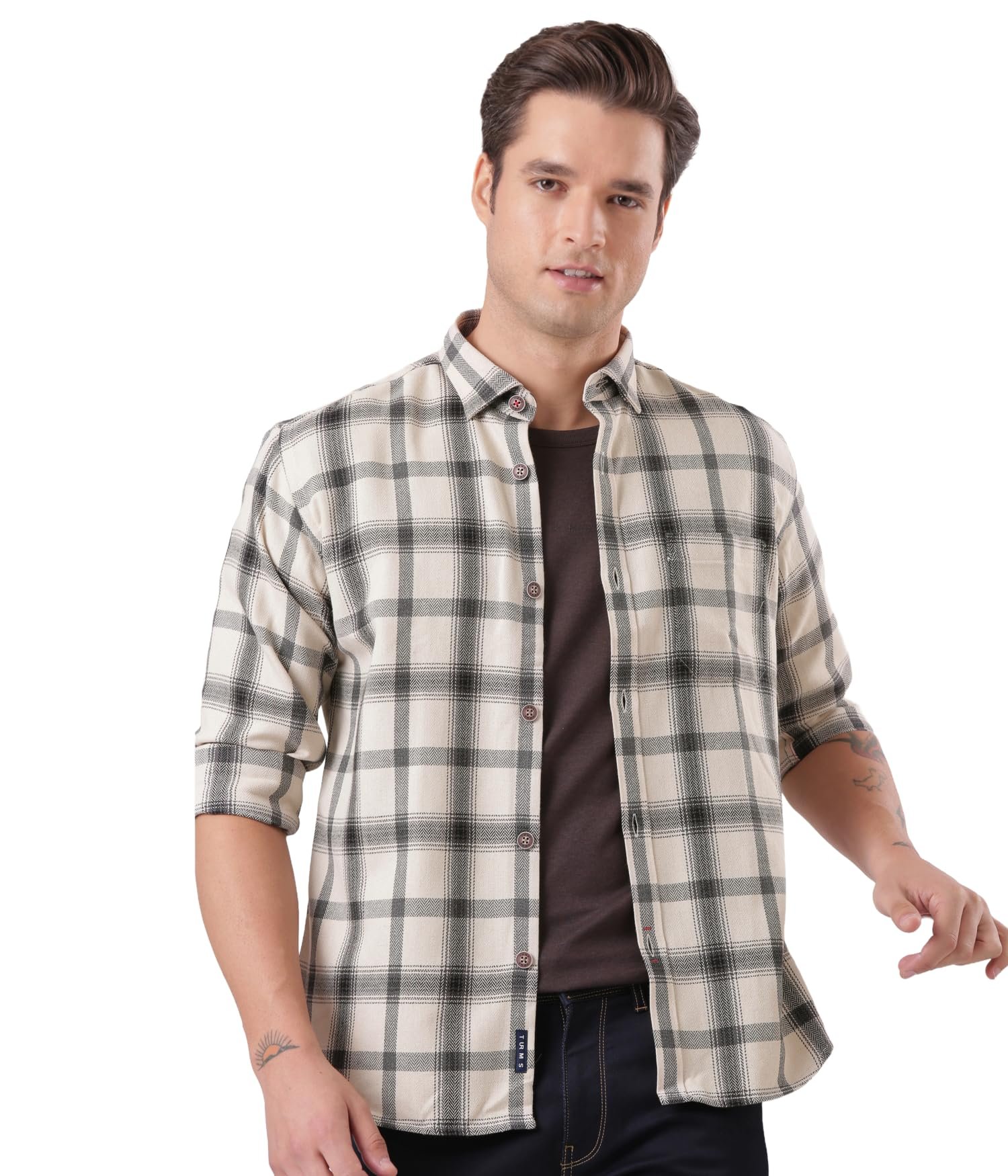 Men's Casual Checks Shirts, Odor Control, Moisture Wicking, Button Down Collar, Cool Tech Cotton Fabric, Tailored Fit, Full Sleeve Off White Grey