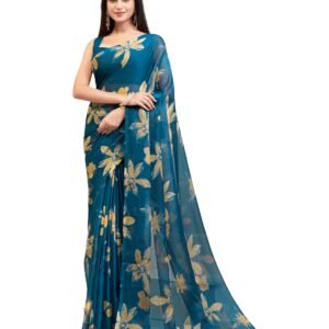 Women Floral Print Nara Chiffon Saree Teal