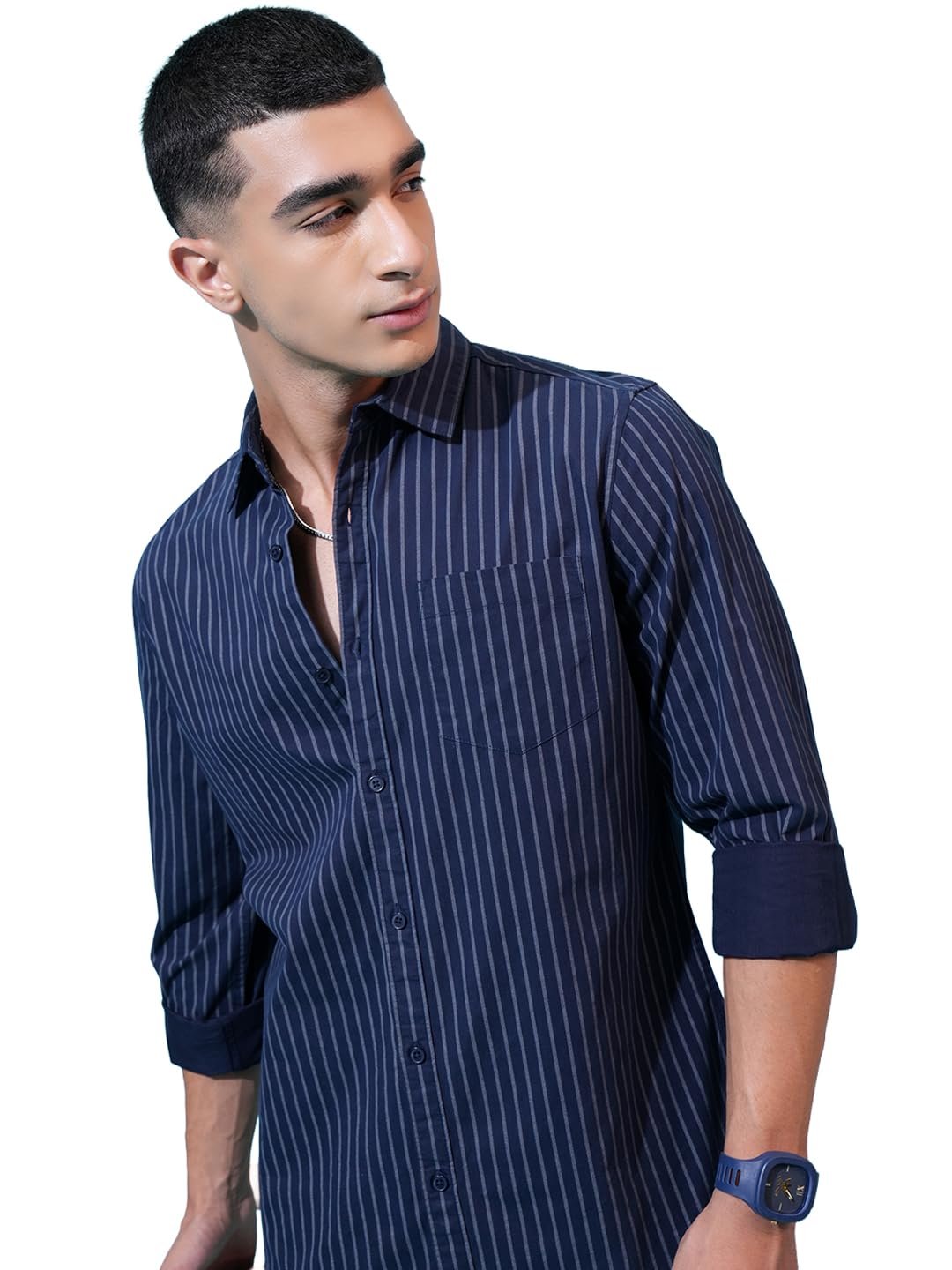 Men’s Slim Fit Striped Shirt | Full Sleeves | Everyday Wear Stylish Shirt for Men Navy/Grey