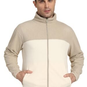 Men’s Fleece Full-Zip Jacket | Warm Puffy Polyester Jacket with Stand Collar & Piped Cuffs (Beige_2XL)