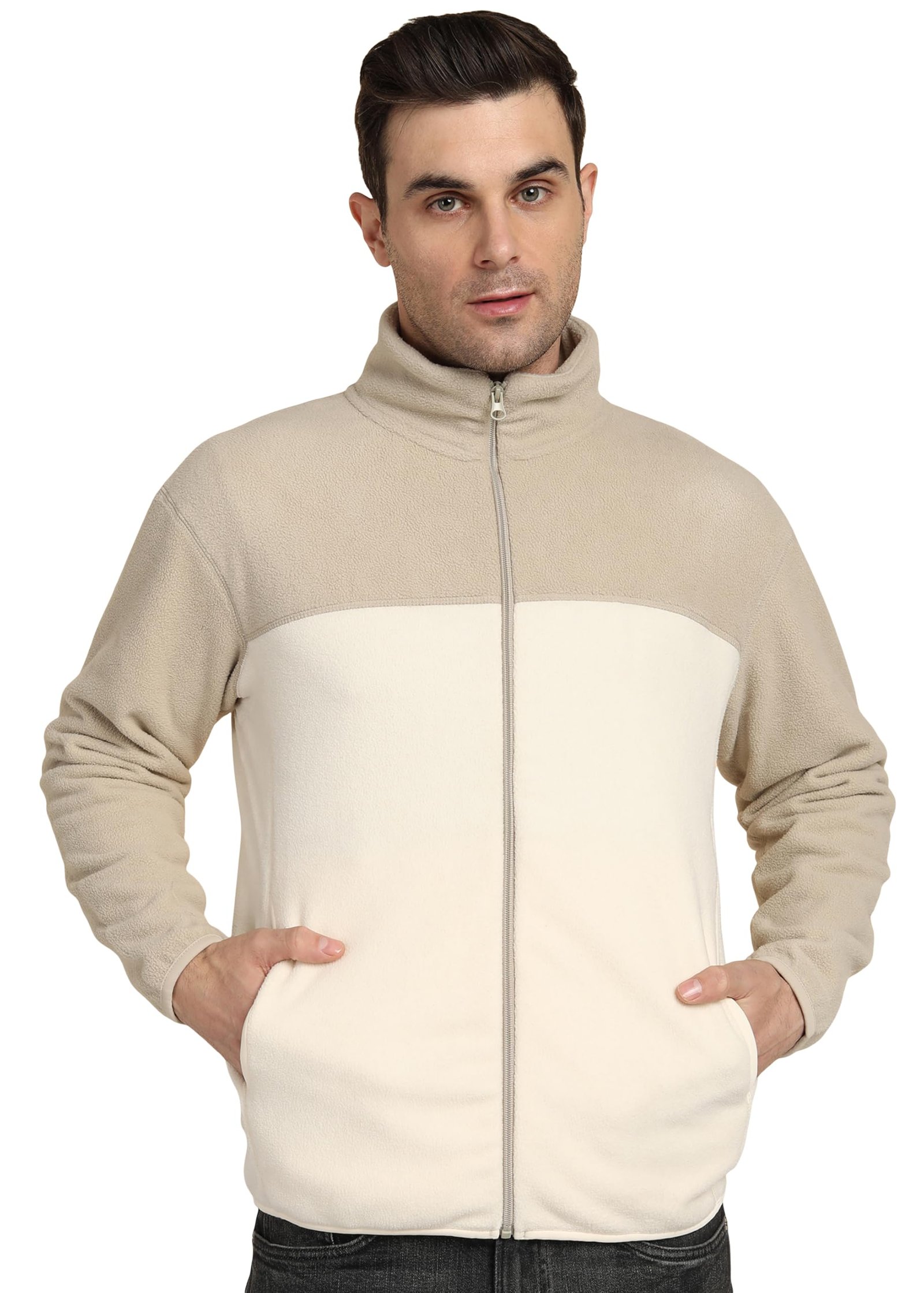Men’s Fleece Full-Zip Jacket | Warm Puffy Polyester Jacket with Stand Collar & Piped Cuffs (Beige_2XL)