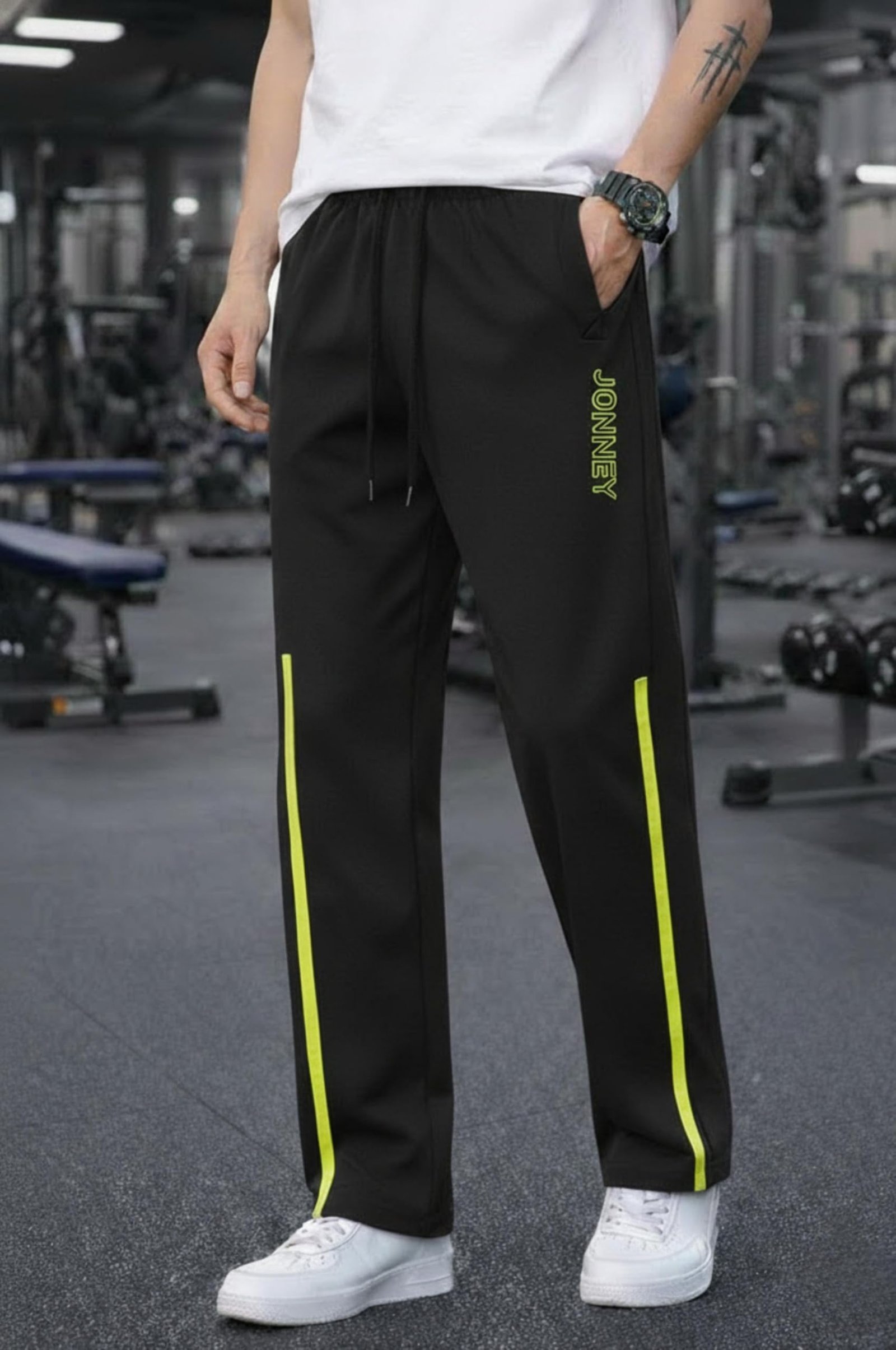Men’s Black Track Pants with Neon Yellow Side Stripe | Regular Fit Gym & Sports Lower | Activewear Training Joggers with Drawstring-M7983 - Image 2