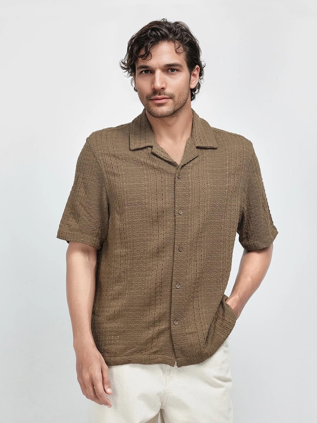 Men's Regular Fit Short Sleeve Jacquard Shirt Brown - Image 5