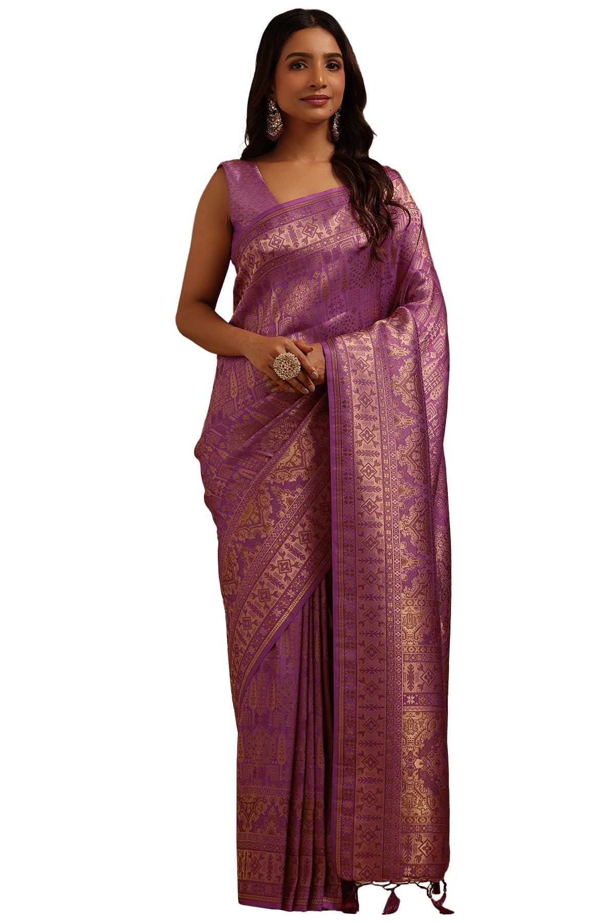 Womens Lavender Tussar Woven Designs Saree With Zari