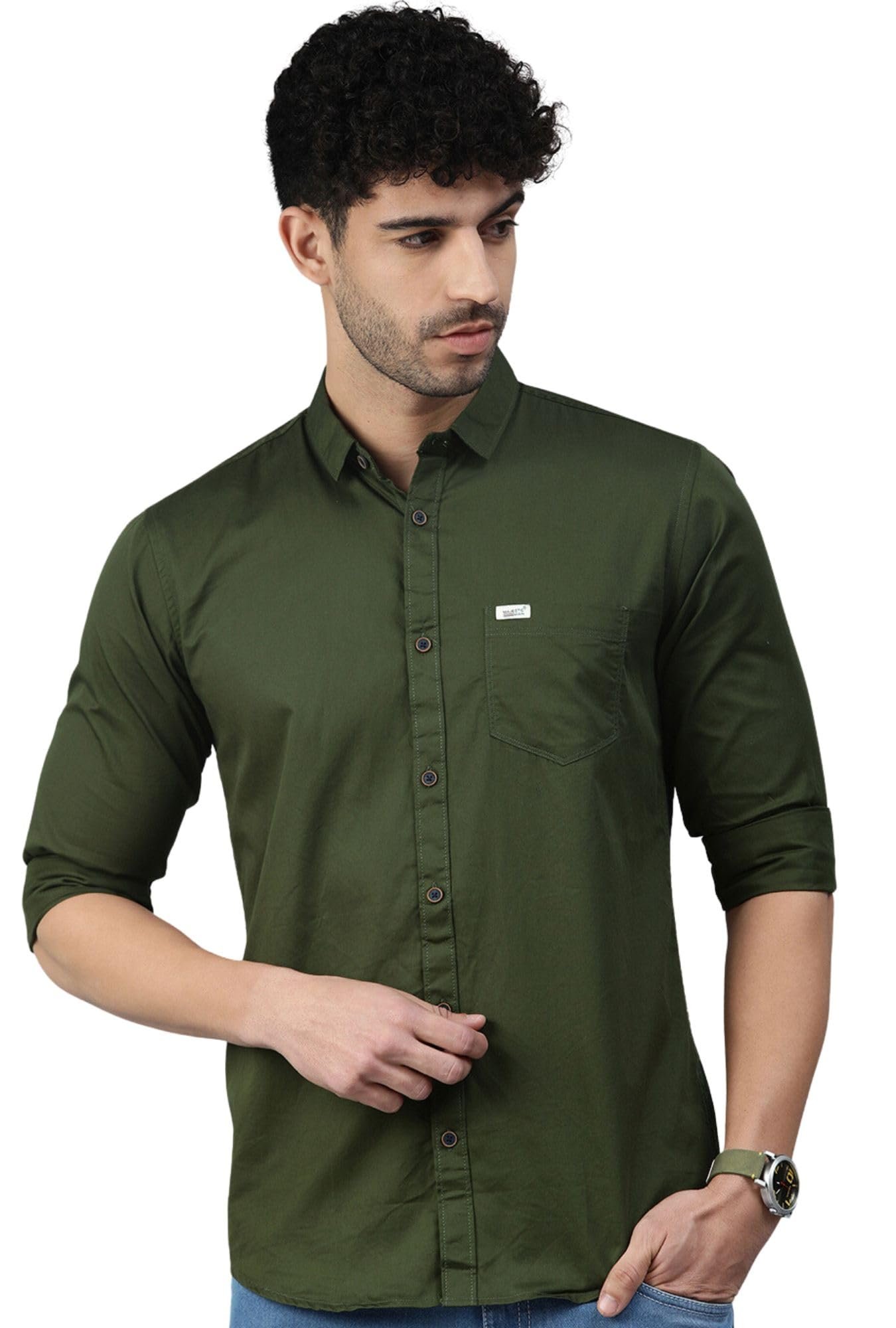 Classic Slim Fit Pure Cotton Casual Shirt (Medium, Olive, Men)