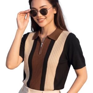 Women’s Casual Summer Polo Knit T-Shirt | Zip Collar Top | Half Sleeves | Ribbed Panel Design | Lightweight Comfort | Regular Fit