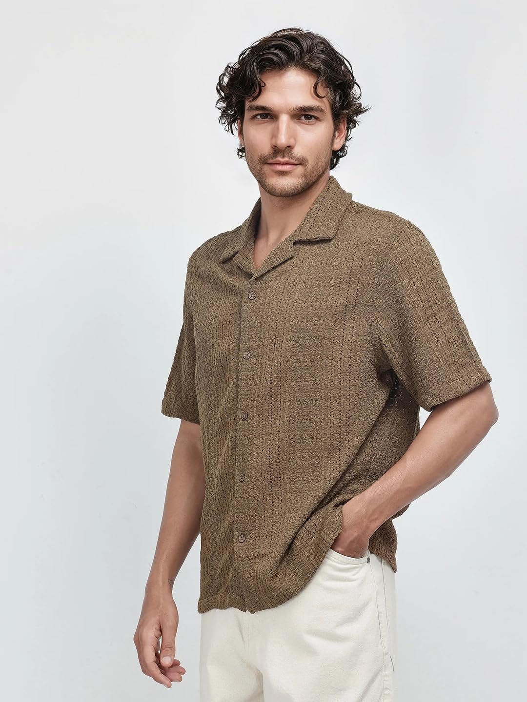 Men's Regular Fit Short Sleeve Jacquard Shirt Brown - Image 6