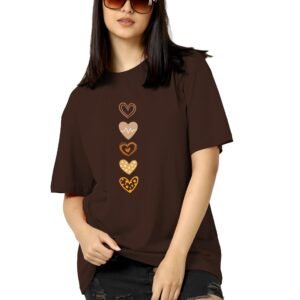 Round Neck Drop Shoulder Brown Graphic Printed Cotton Blend Oversized T-Shirt for Women