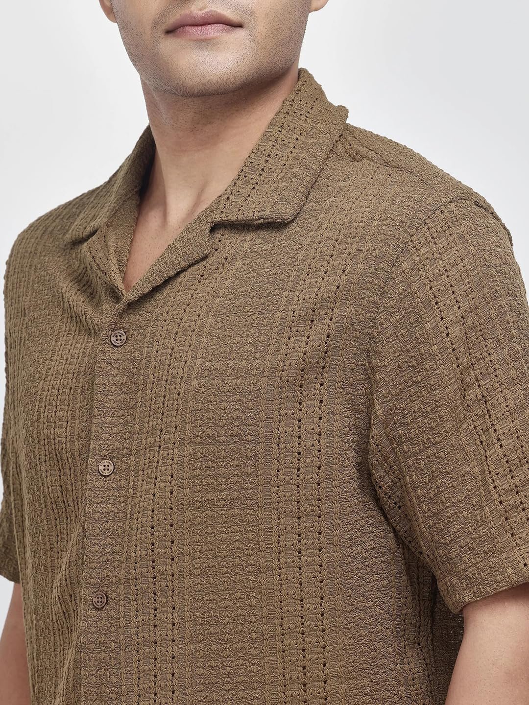 Men's Regular Fit Short Sleeve Jacquard Shirt Brown - Image 3