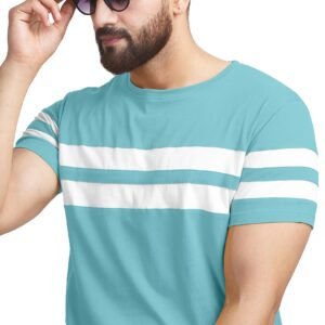 Men Cotton Blend Regular Fit T-Shirt Double Stripes On Chest (Color-Sky Blue, Size)