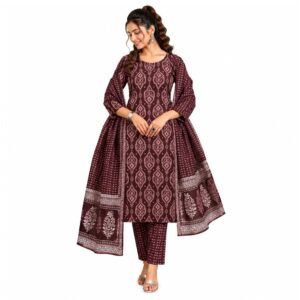 Women's Cotton Printed Kurta Pant with Dupatta Set | Ethnic Straight Kurta Suit Set | Soft Breathable Fabric | Festive, Casual, Office & Daily Wear (coffee) (IN, Alpha)