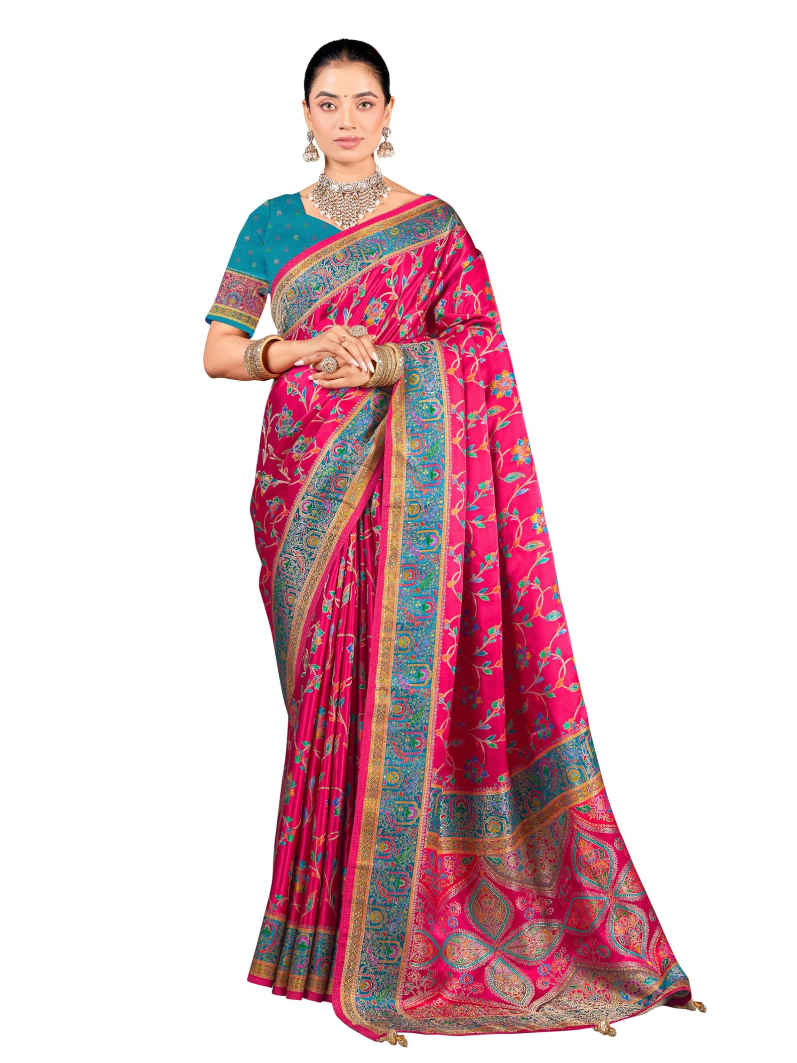 Women’s Luxurious Dola Satin Pure Silk Original Saree Position Print Work Madhubani Inspired Motifs Banarasi Kanjivaram Style Saree With Blouse Piece (Elegant105_Pink)