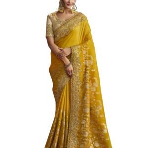 Women's Jacquard Silk Embroidery Saree with Unstitched Blouse Piece (K1178-Yellow)