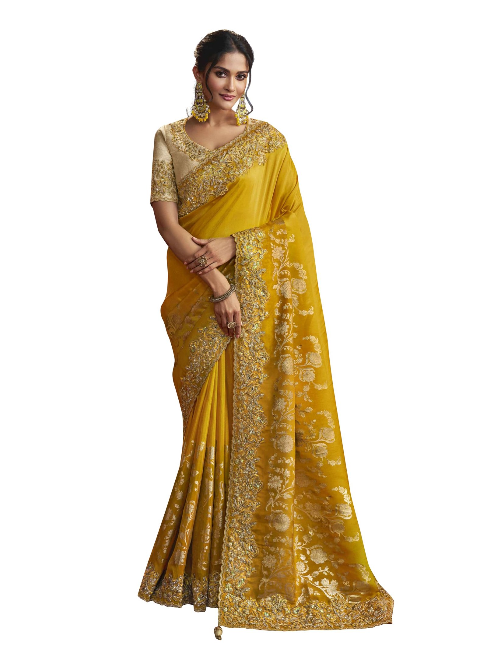 Women's Jacquard Silk Embroidery Saree with Unstitched Blouse Piece (K1178-Yellow)
