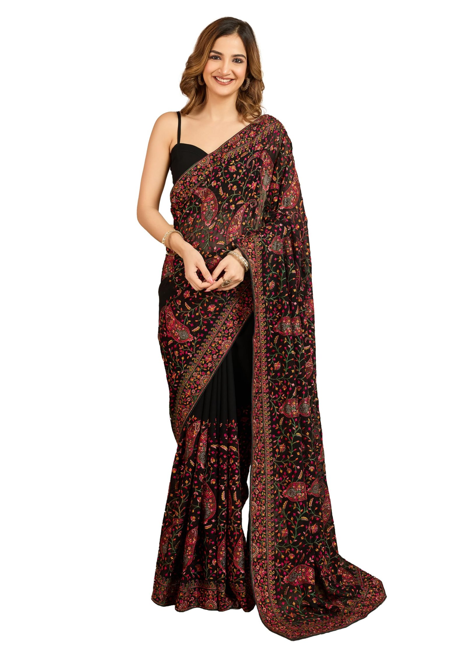 Women's Georgette Multi Colour Resham Thread Embroidery with Siroski work Saree with Unstitched Blouse Piece (K1233-Black)