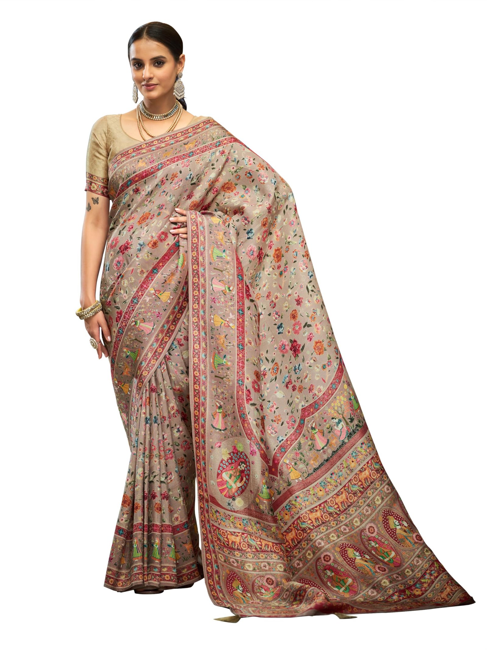 Womens Kanjivaram Banarasi Silk Saree Kanchipuram Patola saree (BEIGE)