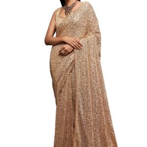 Women's Georgette Heavy Sequins Work Heavy Saree with Blouse (Latest-Sequins-Party-Saree) (Beige)