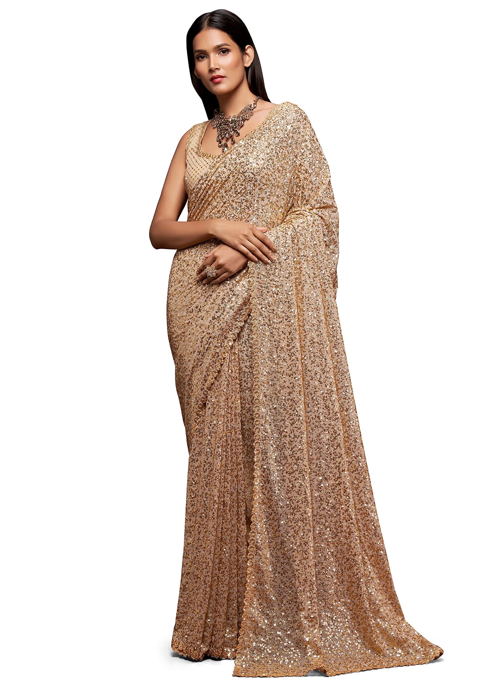 Women's Georgette Heavy Sequins Work Heavy Saree with Blouse (Latest-Sequins-Party-Saree) (Beige)
